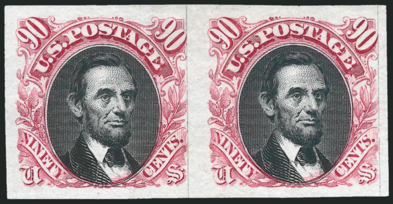 90c Carmine & Black, Plate Proof on India (122P3).> Horizontal pair, huge margins all around, brilliant colors, Extremely Fine, a superb pair, Scott Retail as singles