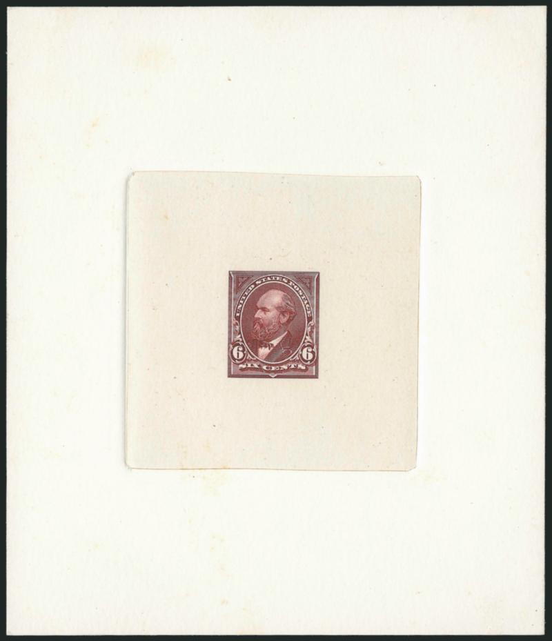 6c Dim Dusky Red, Die Proof on India (256-E2).> Die sunk on 111 x 130mm card, crisp impression, bit of light toning on front, design is almost complete except for some shading lines on coat and diagonal lines
on beard, Very Fine, scarce