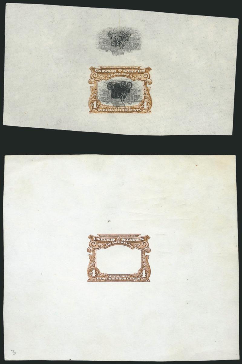 4c Pan-American Invert Counterfeit (296a var).> Two items, one is frame only on approx. 106 x 85mm paper, other is frame with inverted vignette and additional vignette above on 97 x 47mm gummed paper, these are
remarkably accurate engravings, several