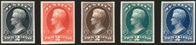 2c Officials, Atlanta Trial Color Proofs (O2TC-O84TC).> Complete set of the 40 2c Andrew Jackson Atlanta trial color proofs mounted on album pages (not incl. Post Office Dept set, which did not depict Jackson),
deep rich colors throughout, mostly lar