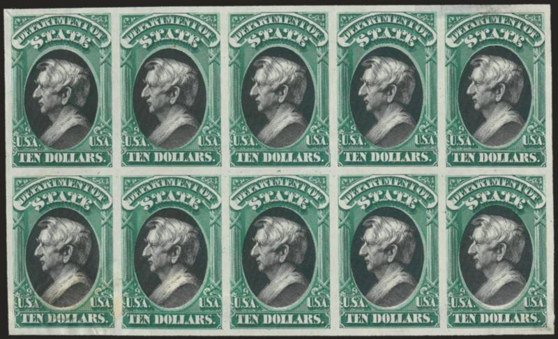 $10.00 State, Plate Proof on India (O70P3).> Sheet of ten without the surrounding selvage, paper h.r. and few faults as often found on this fragile paper, still a scarce multiple, Scott Retail as full sheet
with selvage is $5,000.00, Scott Retail as
