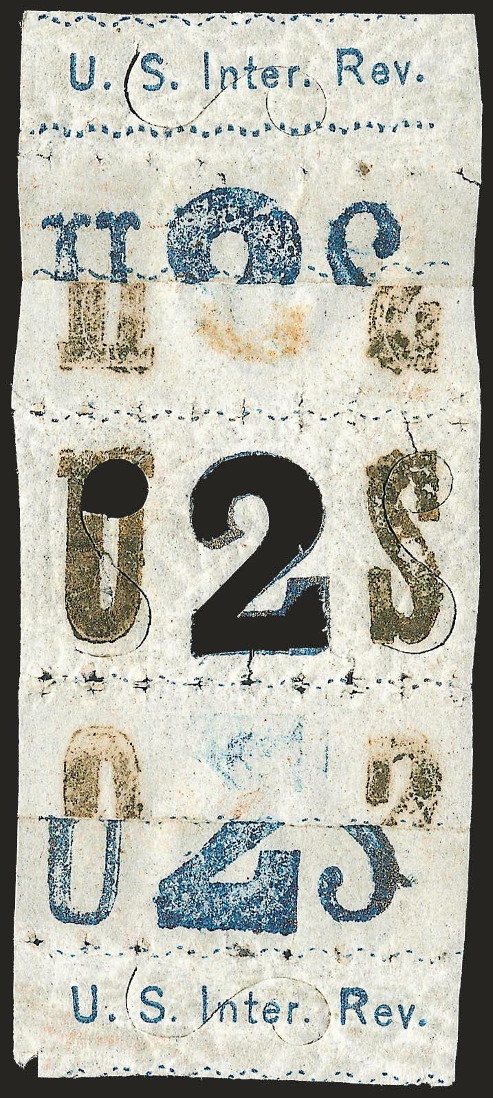Revenue, 2c Blue & Bronze, Re-Use Prevention Essay (Turner E45).> Opened for display, original gum, gilt mostly intact, fresh and Very Fine, scarce essay, examples of which we have not offered in six
years