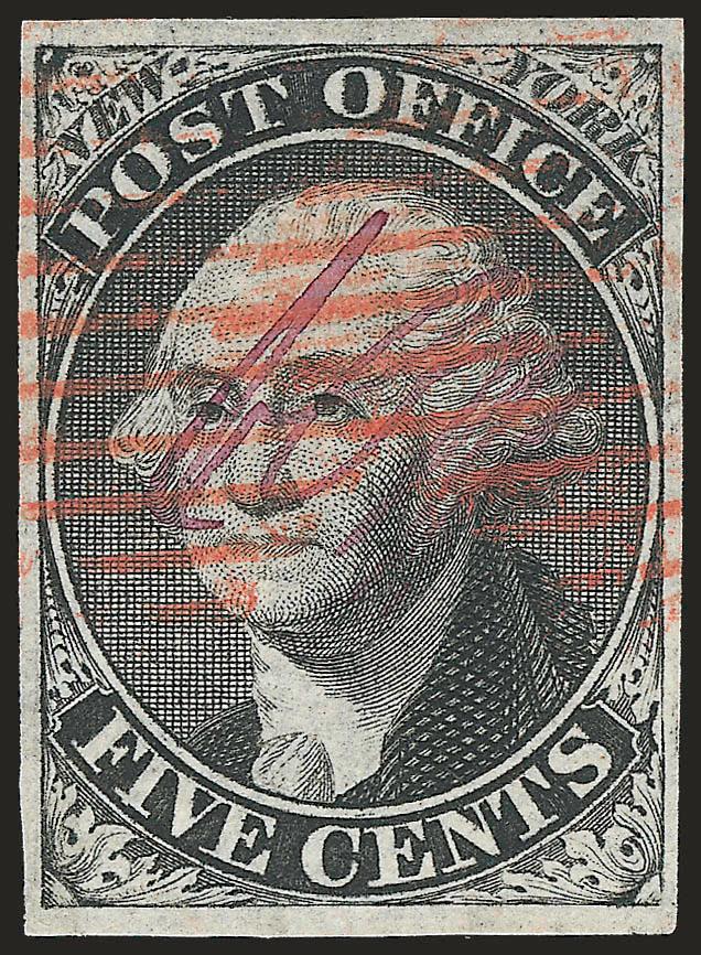 New York N.Y., 5c Black, ACM Initials (9X1).> Large even margins all around, bright shade, neat strike of red New York square grid cancel, without pen cancel, Extremely Fine, with 1989 P.F. certificate