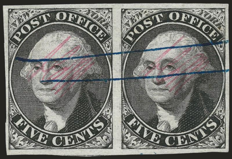 New York N.Y., 5c Black, ACM Initials (9X1).> Horizontal pair, large margins all around, bright shade, neat blue two-line pen cancel, Extremely Fine, with 2007 P.F. certificate