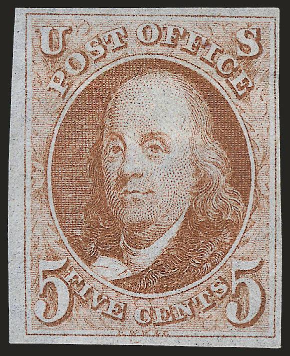 5c Red Brown (1).> Part original gum and hinge remnant, described on older certificate as with some gum, large margins to ample at right, radiant shade which strikes us as more representative of Orange Brown
than most of todays certified examples<