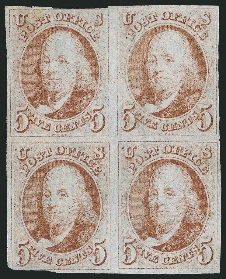 5c Red Brown (1).> Block of four, large margins to just in, pen cancels expertly removed, two vertical creases, top stamps expertly repaired<><>^FINE APPEARANCE. A SCARCE BLOCK OF FOUR OF THE 5-CENT 1847
ISSUE.^<><>With 1973 P.F. certificate
