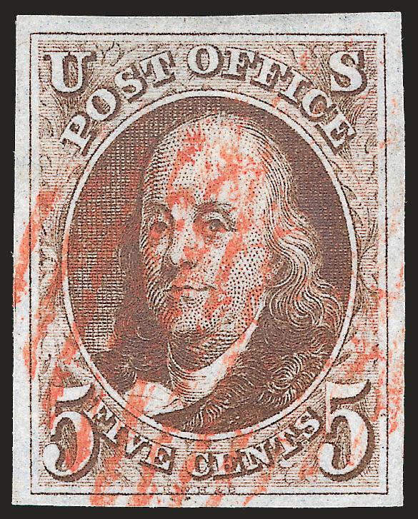 5c Red Brown (1).> Large margins all around, detailed impression, neat strike of red New York square grid cancel, Extremely Fine Gem, a pretty stamp