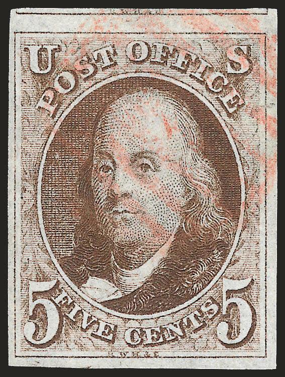 5c Red Brown (1).> Huge margins to full incl. part of adjoining stamp at top, dark shade and crisp impression, light strike of red grid cancel, Very Fine and choice