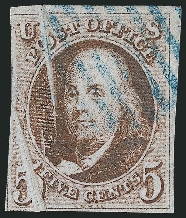 5c Brown (1).> Margins nearly all around, deep rich color with blue grid cancel, <sizeable pre-print paper folds,> Fine, striking printing variety