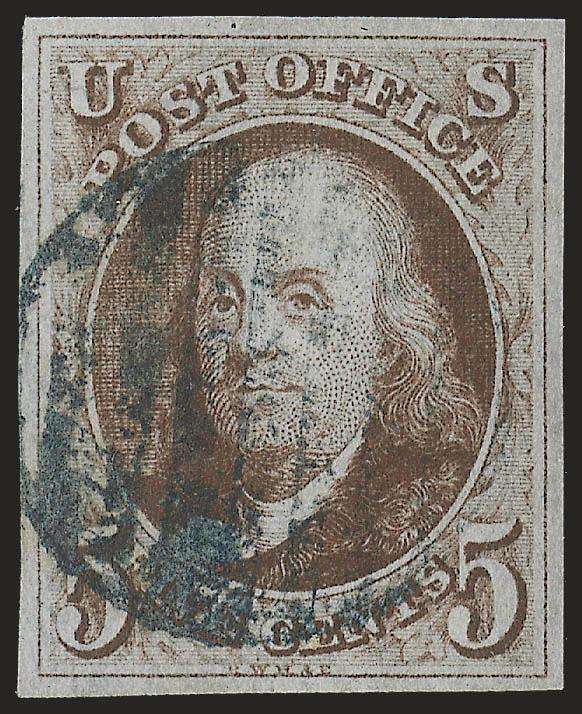 5c Dark Brown (1a).> Large balanced margins, beautiful intense color, bold strike of <black grid> cancel, Very Fine and choice, P.S.E. encapsulated (VF-XF 85 SMQ $770.00)