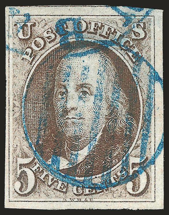 5c Dark Brown (1a).> Intense shade and impression nicely complemented by <blue> grid and part of circular datestamp, large margins to full incl. part of adjoining stamp at top, Very Fine
