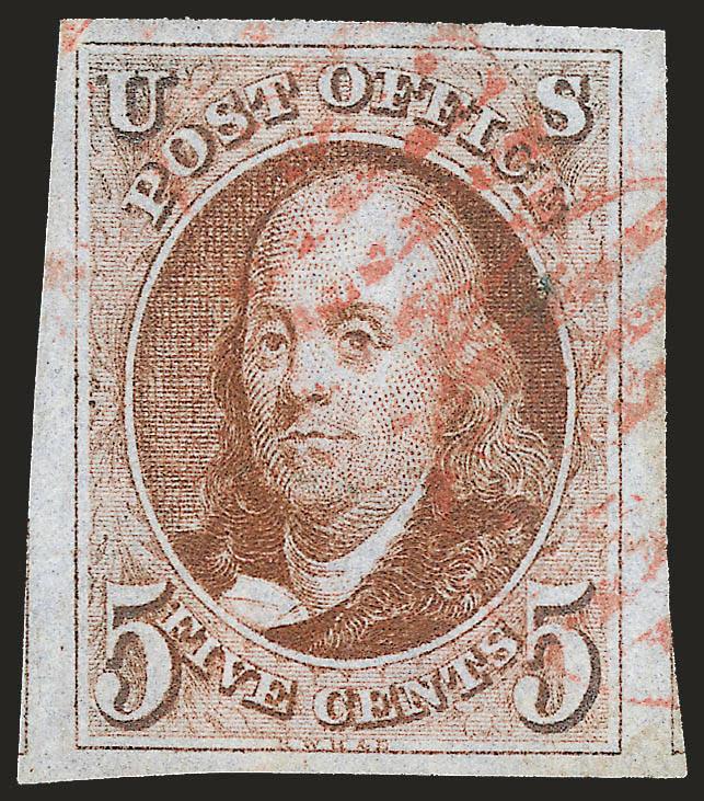 5c Orange Brown (1b).> Large to huge margins all around incl. part of adjoining stamp at left, brilliant color nicely complemented by red grid cancel<><>^EXTREMELY FINE GEM. A SUPERB USED EXAMPLE OF THE 5-CENT
1847 ISSUE IN THE DISTINCTIVE ORANGE B