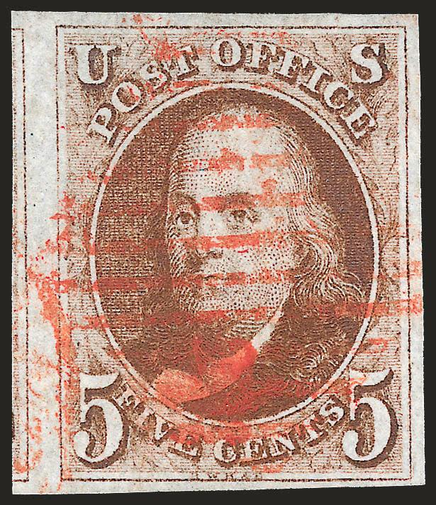 5c Brown Orange (1d).> Huge margins to full incl. part of adjoining stamp at left, brilliant color, neat strike of red New York square grid cancel, Very Fine and choice, with copy of 1975 P.F.
certificate