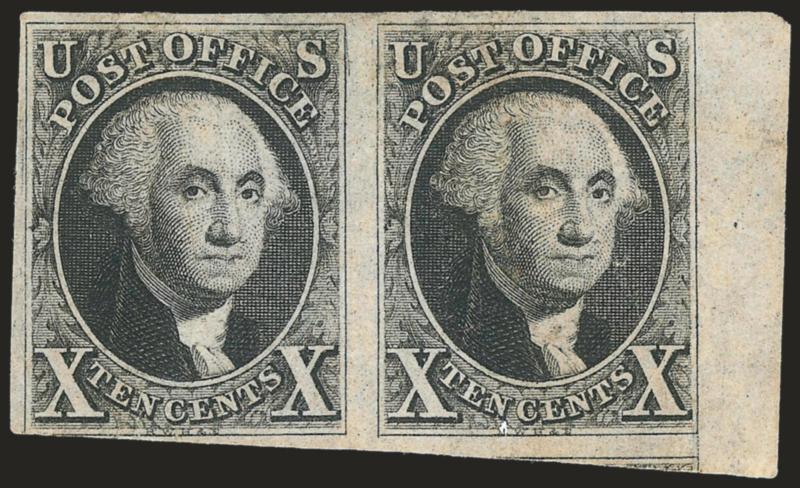 10c Black (2).> Positions 79-80L1, horizontal pair, original gum, huge margins to just touched at bottom left incl. <sheet margin at right,> , intense shade and impression, few small faults incl. creases and
tears in both stamps and trivial staining