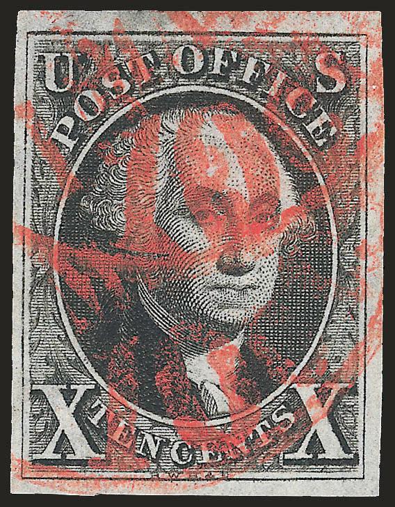 10c Black (2).> Large margins to full, intense shade and proof-like impression, beautiful paint red St. Louis integral-rate circular datestamps appear to pop off the stamp, Very Fine and choice, with 1990 P.F.
certificate