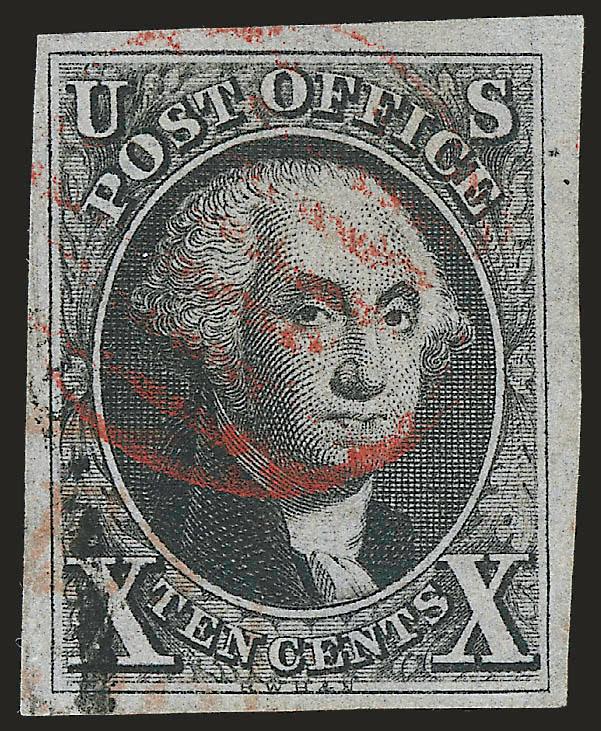 10c Black (2).> Position 4L1, large to huge margins, bright shade, light strike of red grid cancel, also trace of <red boxed Colonies & Art> handstamp and also <black French due marking,> Very Fine and choice,
this 10c 1847 was used on a cover to F