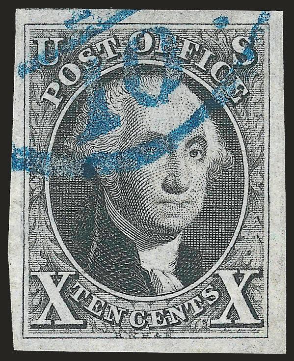 10c Black (2).> Huge margins all around, bright shade, neat strike of <blue> integral-rate circular datestamp, rim of cancel causes small scuff at left, otherwise Extremely Fine, ex Jacobs