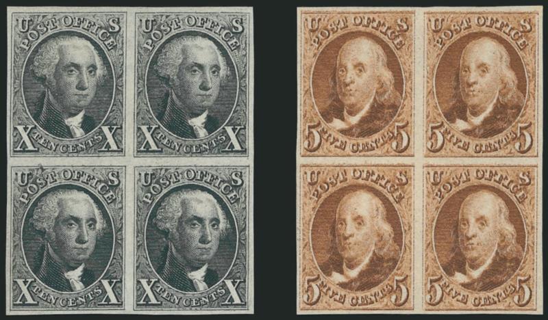 5c Red Brown, 10c Black, Reproductions (3, 4).> Without gum as issued, <blocks of four,> each from Positions 3-413-14 in the sheets of 50 (pencil numbers on back), large even margins, rich colors<><>^VERY FINE.
A RARE SET OF BLOCKS OF FOUR OF THE