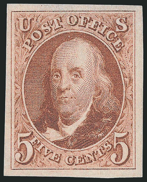 5c Red Brown, Reproduction (3).> Without gum as issued, large, even margins, deep rich color and detailed impression, Extremely Fine Gem, with 2007 P.S.E. certificate (XF-Superb 95 SMQ $1,550.00)