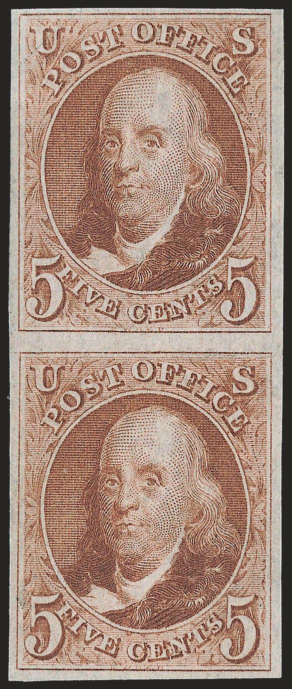 5c Red Brown, Reproduction (3).> Without gum as issued, vertical pair, deep rich color, light creases, Very Fine appearance, a scarce multiple