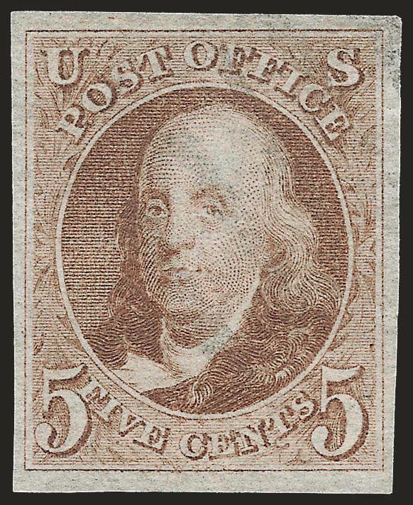 5c Red Brown, Reproduction (3).> Without gum as issued, deep shade and with unobtrusive non-contemporary cancel, large margins all around, light diagonal crease, Very Fine appearance