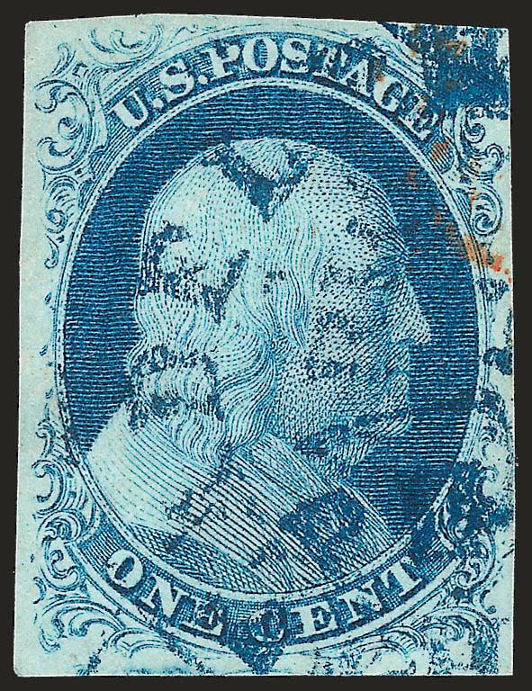 1c Blue, Ty. II (7).> Plate 1E, large even margins all around, deep rich color, detailed impression, bold strikes of <blue> Philadelphia circular datestamp and also trace of red cancel at right, Extremely Fine,
a beautiful stamp