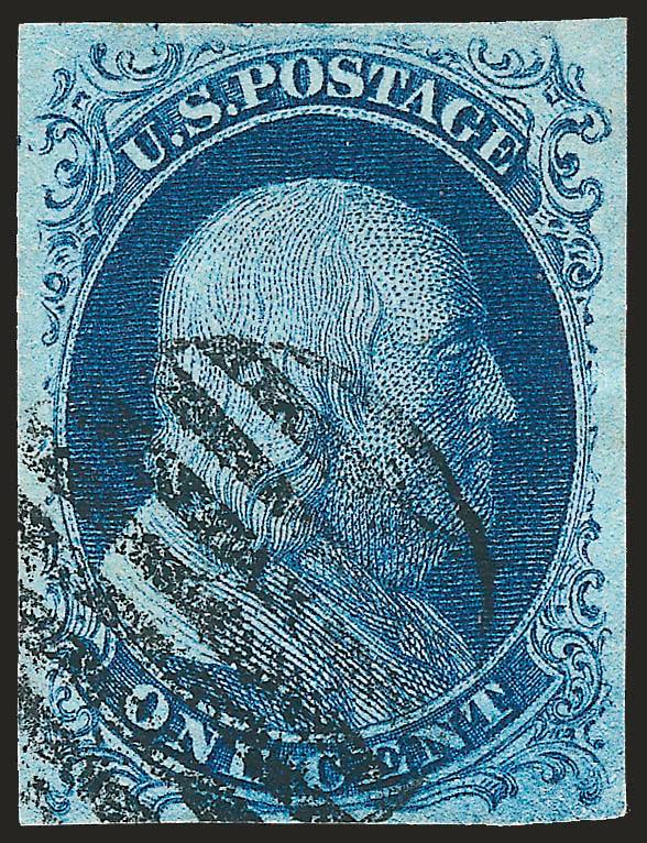 1c Blue, Ty. II, Plate 3 (7 var).> Large to ample margins, deep rich color, neat strike of grid cancel, Very Fine and choice, Plate 3 stamps are scarce, signed Ashbrook and with his plate identification