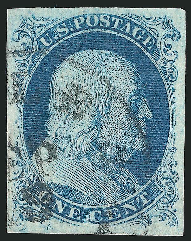 1c Blue, Ty. III (8).> Position 48L4, huge margins all around with wide breaks at top and bottom (the characteristics of the type), pretty shade, neat strike of circular datestamp<><>^EXTREMELY FINE GEM. A
SUPERB USED EXAMPLE OF THE 1851 ONE-CENT T