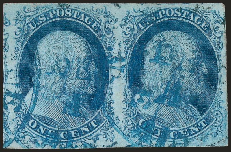 1c Blue, Ty. II-IIIa (7-8A).> Plate 1E, horizontal pair, large to huge margins incl. part of adjoining stamp at left, pretty Robins Egg Blue shade nicely complemented by <blue> circular datestamps<><>^EXTREMELY
FINE. A BEAUTIFUL COMBINATION PAIR