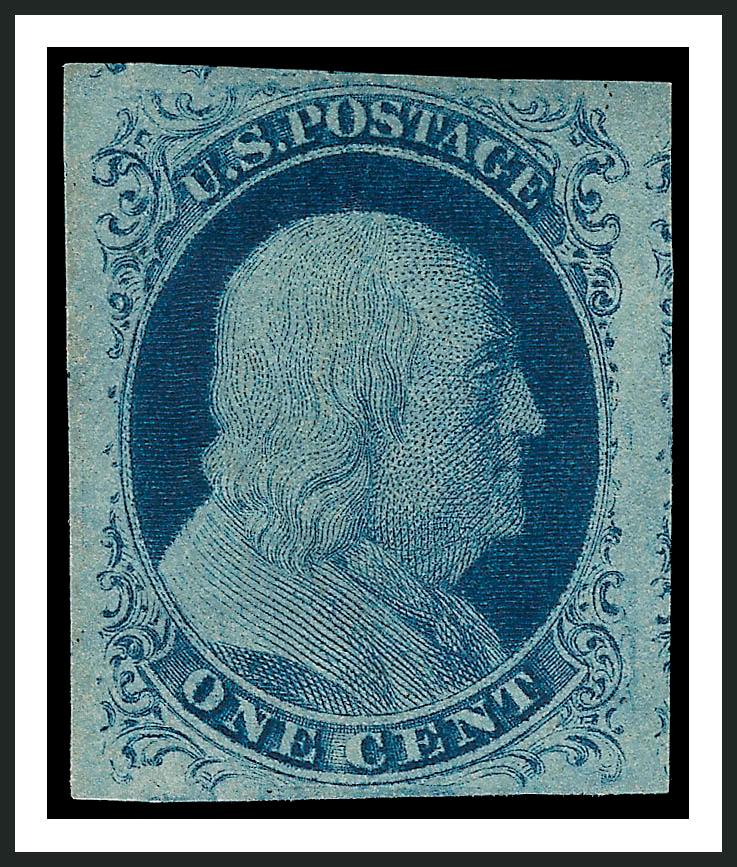 1c Blue, Ty. IV (9).> Position 32R1L, unused (no gum), recut once at top and once at bottom, large margins incl. part of adjoining stamps at top and right, deep rich color, Extremely Fine