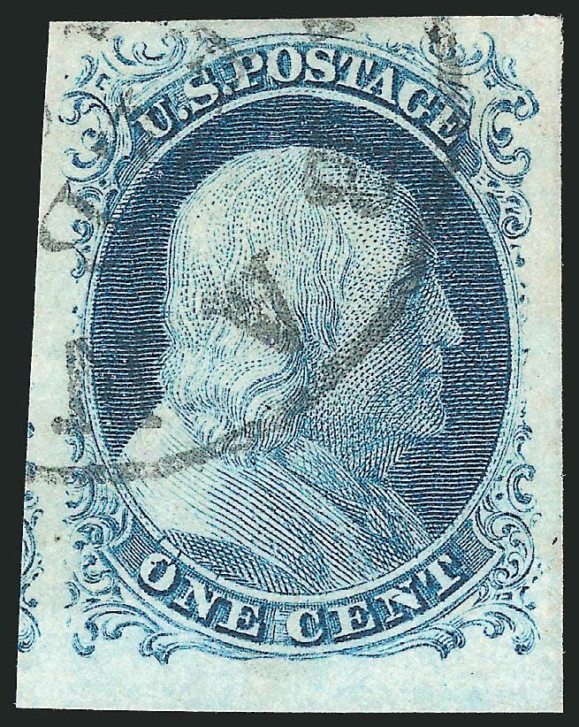 1c Blue, Ty. IV (9).> Position 97L1L, recut once at top, huge margins all around incl. <sheet margin> at bottom and part of adjoining stamp at left, radiant color, neat strike of circular datestamp, Extremely
Fine Gem