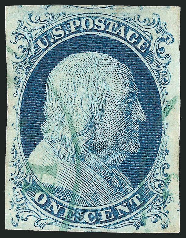 1c Blue, Ty. IV (9).> Position 47L1L, recut once at top, large margins to full incl. <green> circular datestamp, bright color, Extremely Fine, very rare with a green cancel, ex Newbury