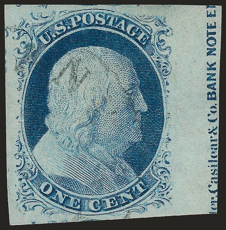 1c Blue, Ty. IV (9).> Position 60R1L, recut once at top and once at bottom, huge margins to full incl. <ter Casilier & Co. BANK NOTE EN of imprint> at right, brilliant color, light strike of circular datestamp
leaves entire design clearly visible,