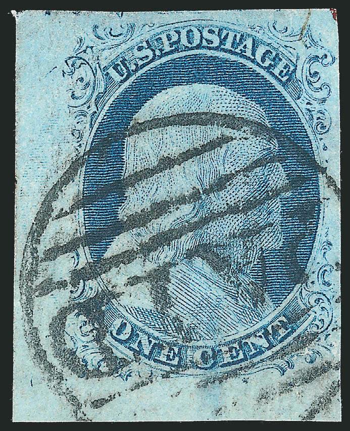 1c Blue, Ty. IV, Triple Transfer, One Inverted (9 var).> Position 91L1L, huge margins incl. <bottom left corner sheet margins,> pretty shade, neat strike of large Boston Paid grid cancel, Extremely Fine example
of this desirable variety, the lines