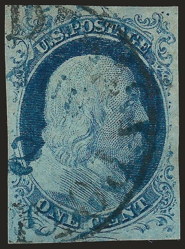 1c Blue, Ty. IV (9). Position 7R1L,> recut once at bottom, large margins to clear incl. part of adjoining stamp at bottom, pretty shade, neat strikes of both <blue> and black circular datestamps, Very Fine and
choice, a scarce stamp from the famous P