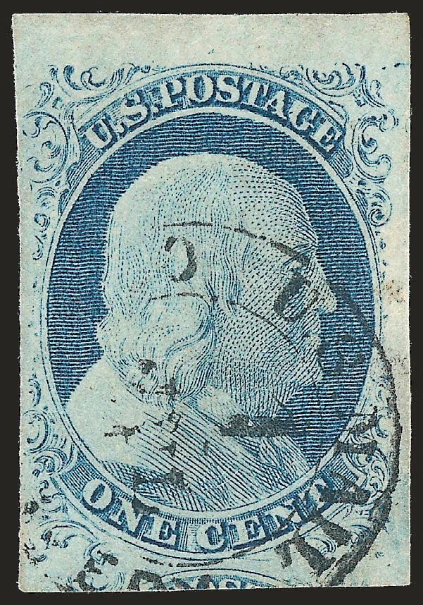 1c Blue, Ty. IV (9).> Recut twice at bottom, large to huge margins with sheet margin at top and part of adjoining stamp at bottom, rich color, clear strike of <U.S. MailCity Delivery1> New York City carrier
datestamp, Extremely Fine, with 2008 P.