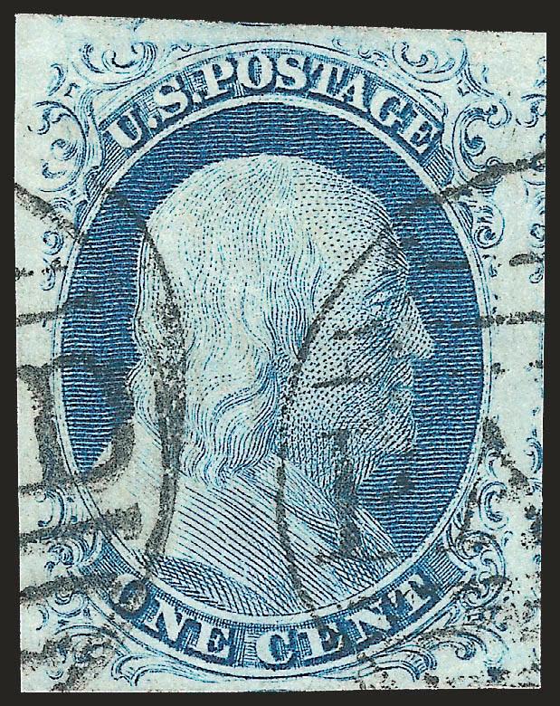 1c Blue, Ty. IV (9).> Position 64R1L, recut once at top and once at bottom, huge margins to full, neat strikes of large Boston Paid grids, Extremely Fine