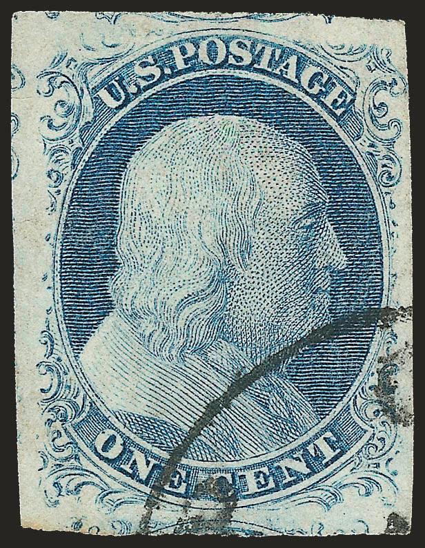 1c Blue, Ty. IV (9).> Mostly huge margins, neat circular datestamp, attractive color, Very Fine and choice, with 2007 P.S.E. certificate (VF-XF 85 Jumbo SMQ $200.00 as 85 $250.00 as 90)