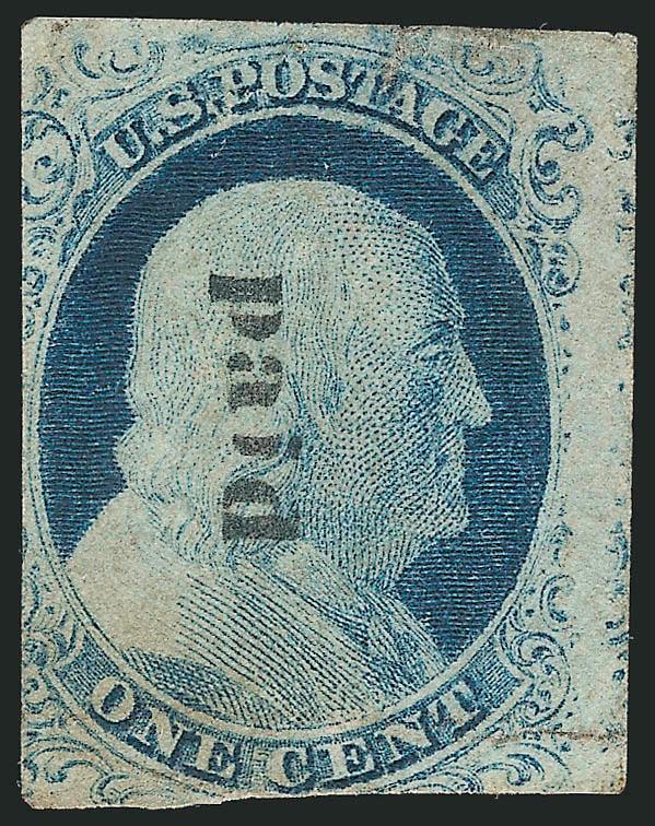 1c Blue, Ty. IV (9).> Large margin at right, just in to clear other sides, <printed paid pre-cancel> in lower-case type, few creases and tears, otherwise Fine appearance, very rare, illustrated in <<The 1851
Issue: A Sesquicentennial Retrospective>