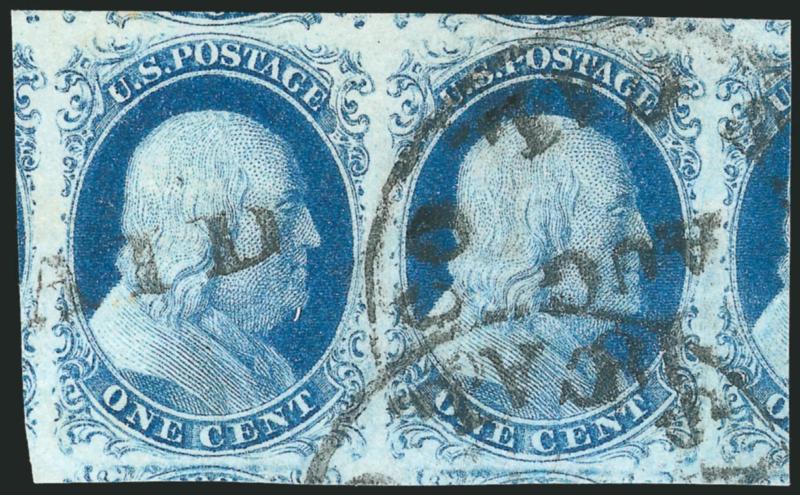 1c Blue, Ty. IV (9).> Horizontal pair, each stamp recut once at top and once at bottom, enormous margins all around <including parts of nine adjoining stamps,> large parts at sides, bright color on fresh paper,
two neat strikes of San Francisco Cal.
