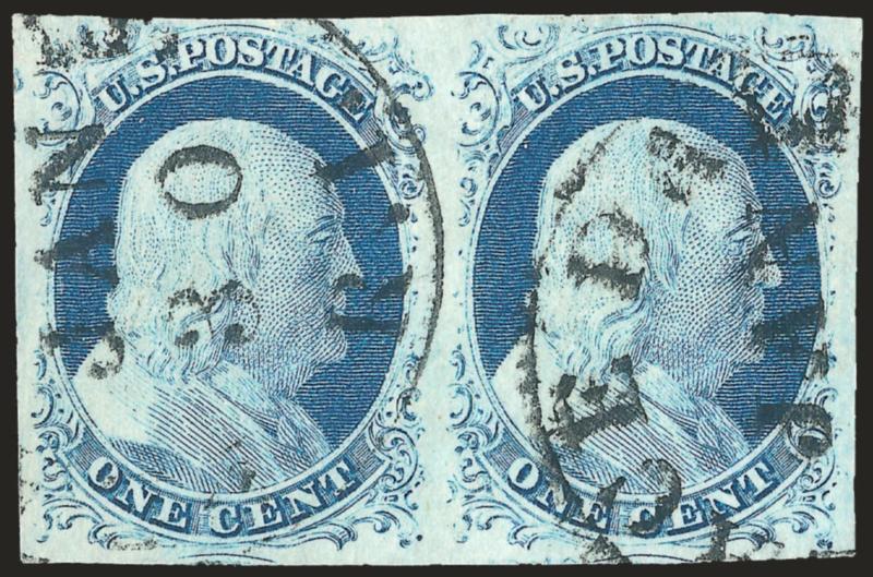 1c Blue, Ty. IV (9).> Positions 48-49R1L, horizontal pair, large even margins, radiant color, neat strike of Peace Dale R.I. circular datestamp, Extremely Fine, a beautiful pair