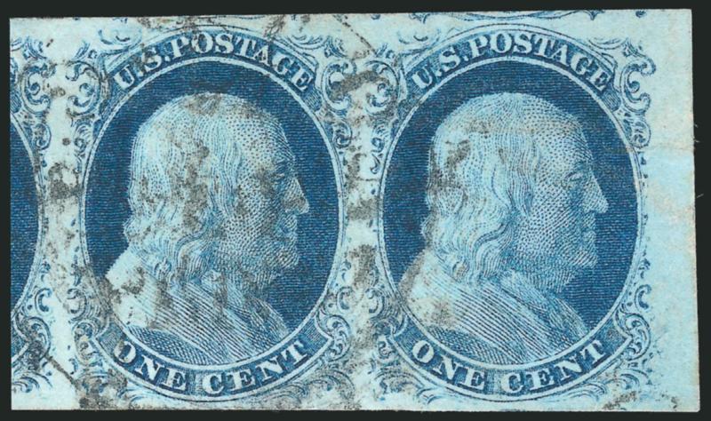 1c Blue, Ty. IV (9).> Positions 59-60L1L, horizontal pair, huge to enormous margins incl. right inter-pane margin and part of adjoining stamp at left, Position 60 shows <plate crack in margin at bottom right,>
circular datestamp, Extremely Fine pair,