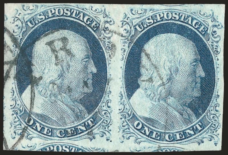 1c Blue, Ty. IV (9).> Positions 63-64R1L, huge margins all around incl. part of four adjoining stamps, rich color and proof-like impression, neat circular datestamps, accompanying certificate notes light
diagonal crease at bottom right which we have