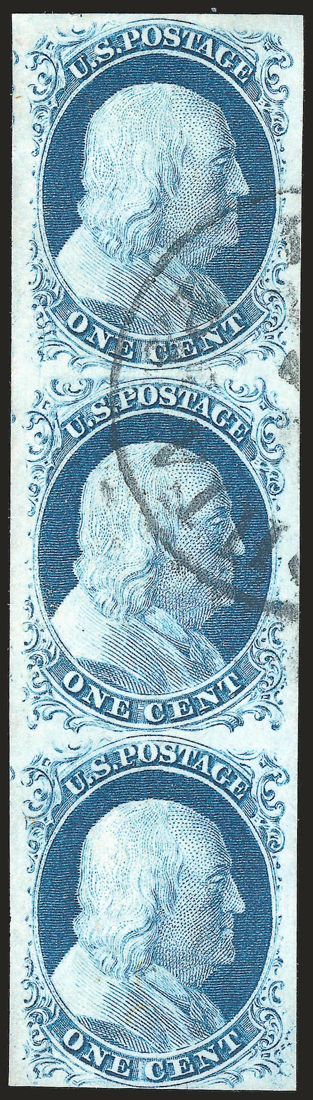 1c Blue, Ty. IV (9).> Positions 405060L1L, vertical strip of three, huge margins to just clear, bright color, <bottom stamp uncancelled,> top pair with neat Philadelphia circular datestamp, Very Fine-Extremely
Fine, the center stamp is a real Gem,