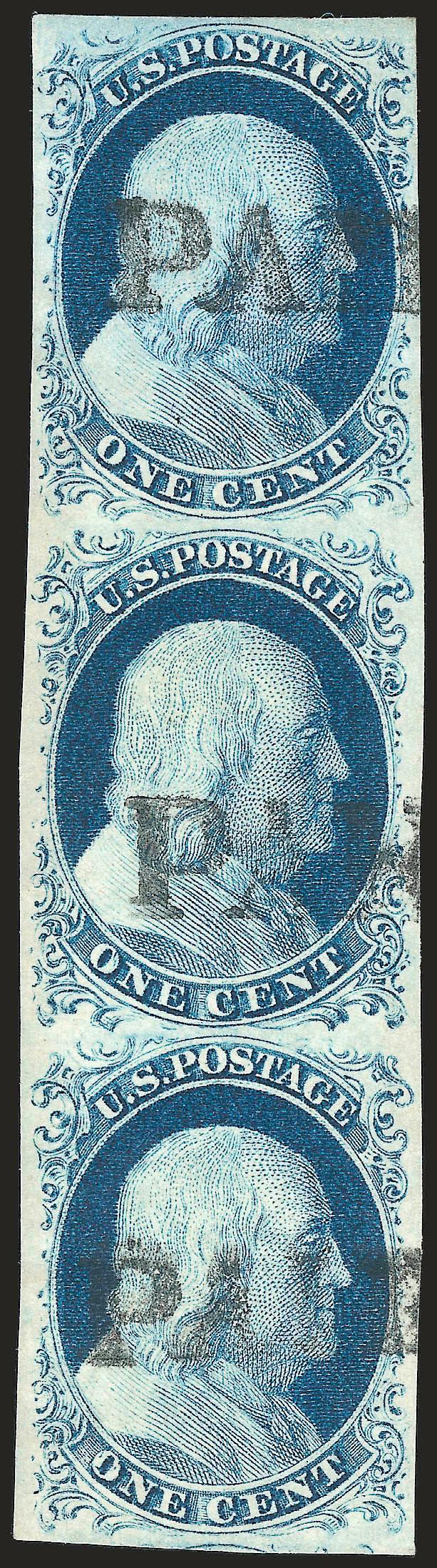 1c Blue, Ty. IV (9).> Positions 162636L1L, vertical strip of three, each stamp with minor <double transfer,> large margins to full incl. part of adjoining stamp at bottom, rich color, detailed impression, each
stamp with neat <Paid> handstamp, Ex