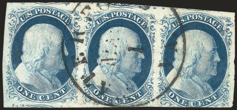 1c Blue, Ty. IV (9).> Horizontal strip of three, three huge margins, huge to slightly in at bottom, rich color, central Waterford Va. circular datestamp, left stamp an Extremely Fine Gem which also has a
sizeable double transfer, especially in the bo