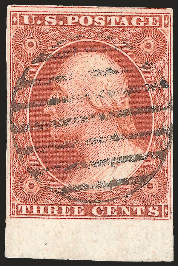 3c Orange Brown, Ty. II (10A).> Position 91R5E, large margins to huge incl. <sheet margin> at bottom and part of adjoining stamp at top, brilliant color, neat grid cancel, Extremely Fine