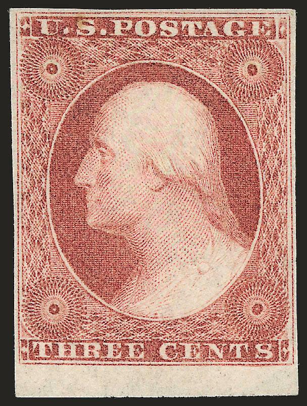 3c Dull Red, Ty. II (11A).> Original gum, large margins to huge incl. <sheet margin at bottom,> radiant color, small natural inclusion at top, Extremely Fine, ex Klein