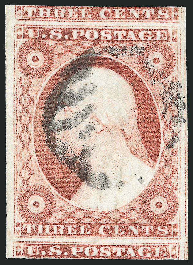 3c Dull Red, Ty. II (11A).> Position 41L2L, huge margins all around incl. parts of four adjoining stamps, bright color, black grid cancel, Extremely Fine Gem, with 1991 and 2005 P.S.E. certificates (Superb 98
Jumbo unpriced in SMQ above the grade of