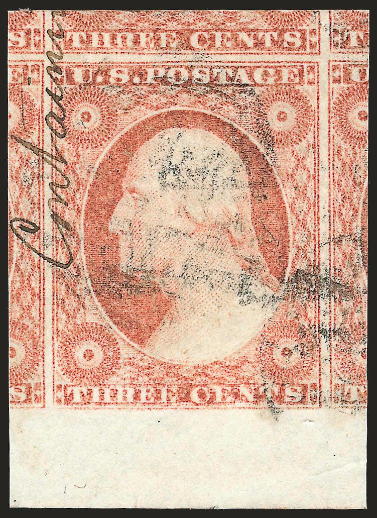 3c Dull Red, Ty. II (11A).> Position 87R12 with recut inner lines, bottom sheet margin single with substantial parts of the other five adjoining stamps, light grid cancel and neat ms. Containi(ng) at top left,
minor crease in selvage well clear of